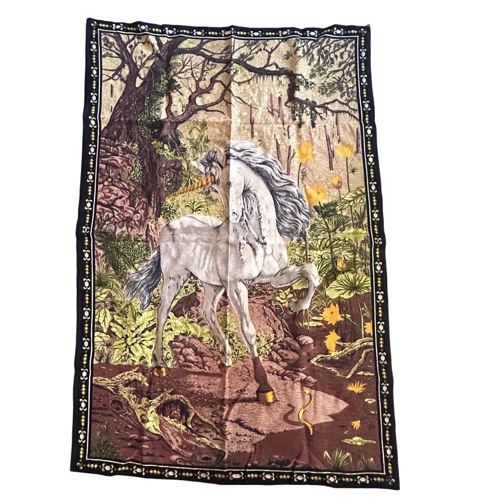 Vintage Unicorn Forest Woven Cotton Tapestry Wall Hanging Made‎ in Turkey 33x51